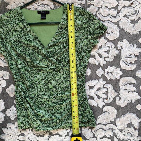 Style & Co. Petite, Multi-Shades-Green, Half-Wrap Top, Ruched Sides, Sz: Small - Picture 5 of 6